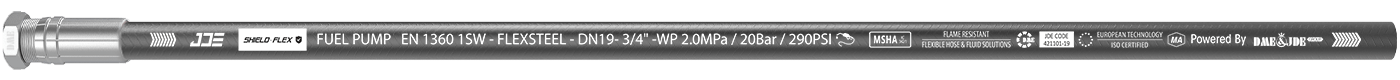 A BS EN 1360 1W flexible hose is marked with the important information: brand, standard, sizes and part number.