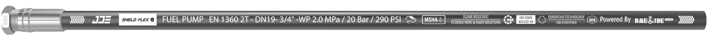 A BS EN 1360 2T flexible hose is marked with the important information: brand, standard, sizes and part number.