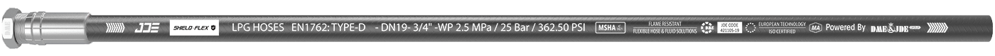 A BS EN 1762 LPG Hoses 1W flexible hose is marked with the important information: brand, standard, sizes and part number.