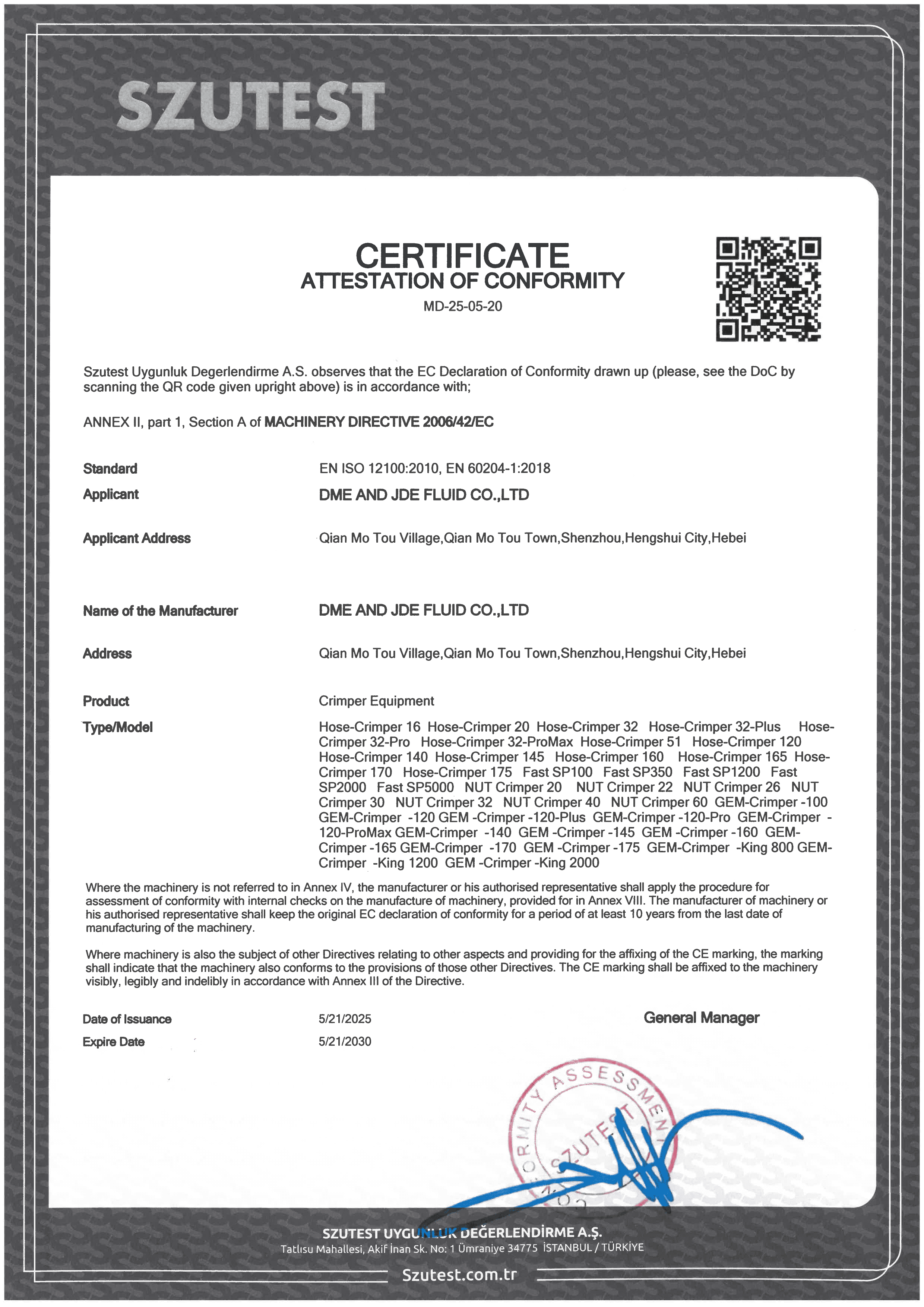 An Hose Crimper Machine certification cover.