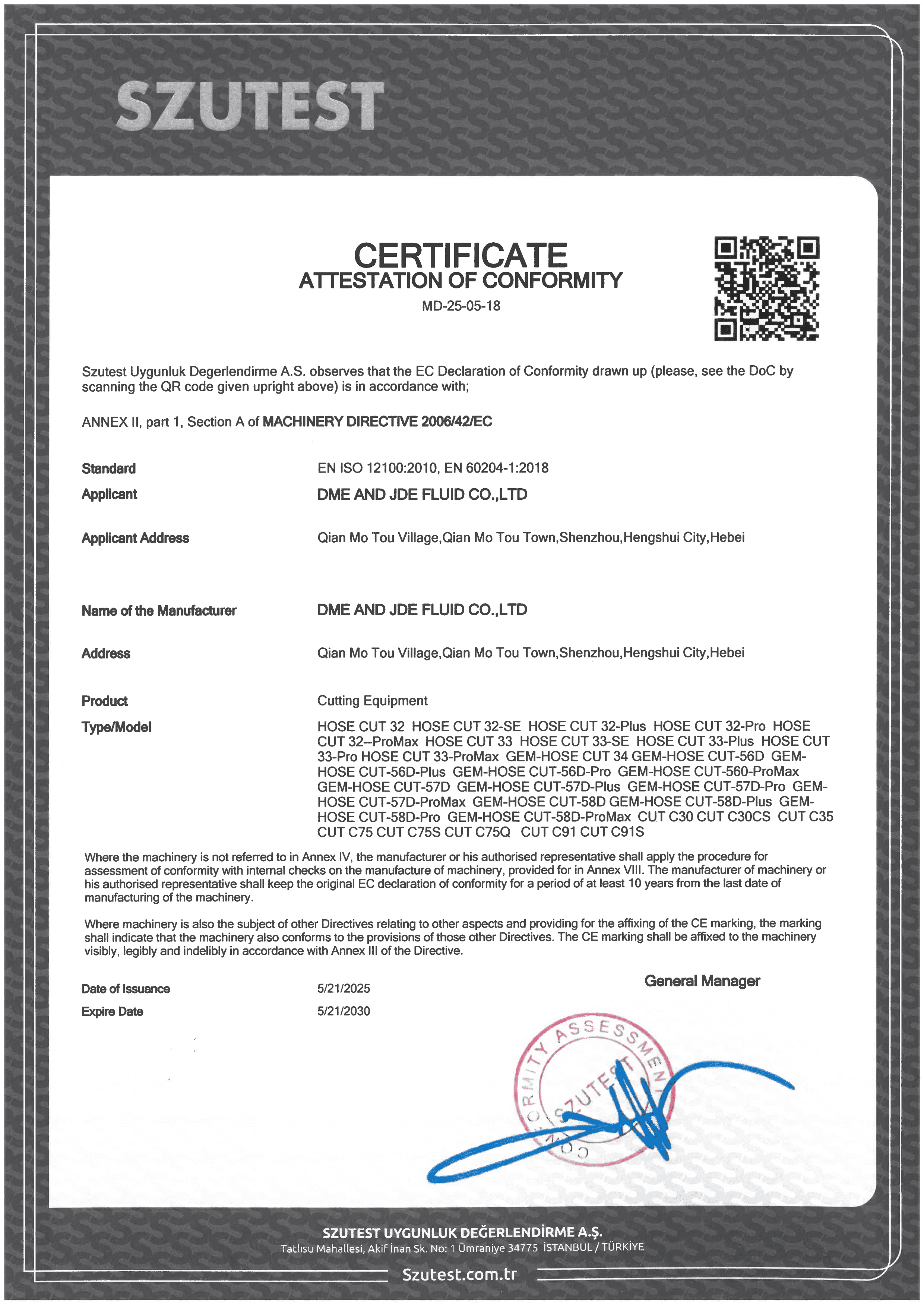 An Hose Cutting Machine certification cover.