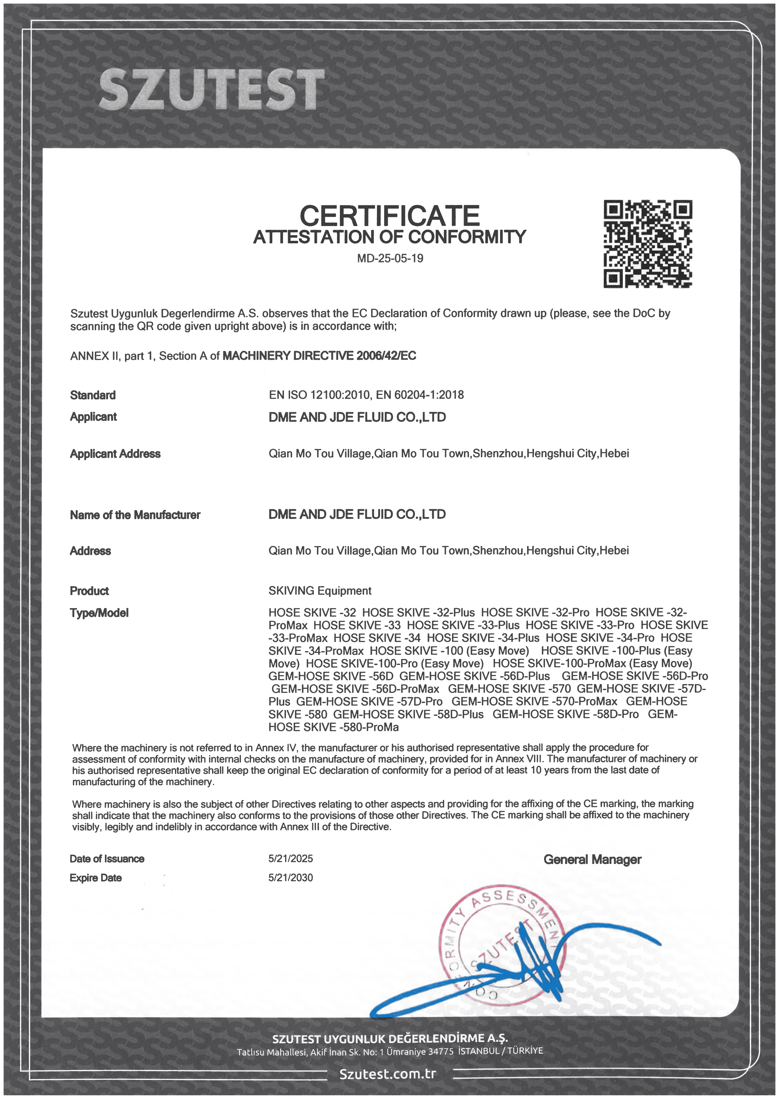 An Hose Skiving Machine certification cover.