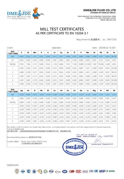 A test report of DME&JDE fluid connector material analysis.