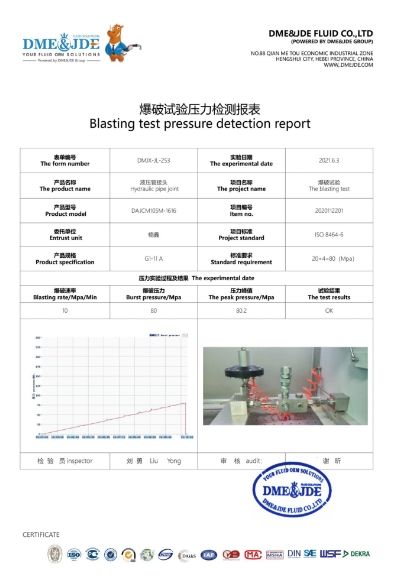 A test report of DME&JDE fluid connector pressure testing.