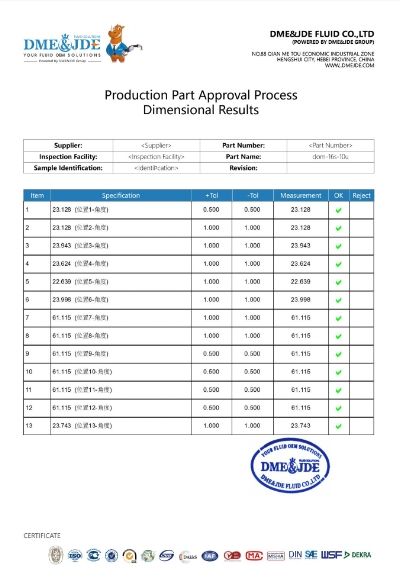 A test report of DME&JDE fluid connector trilinear coordinates measuring.