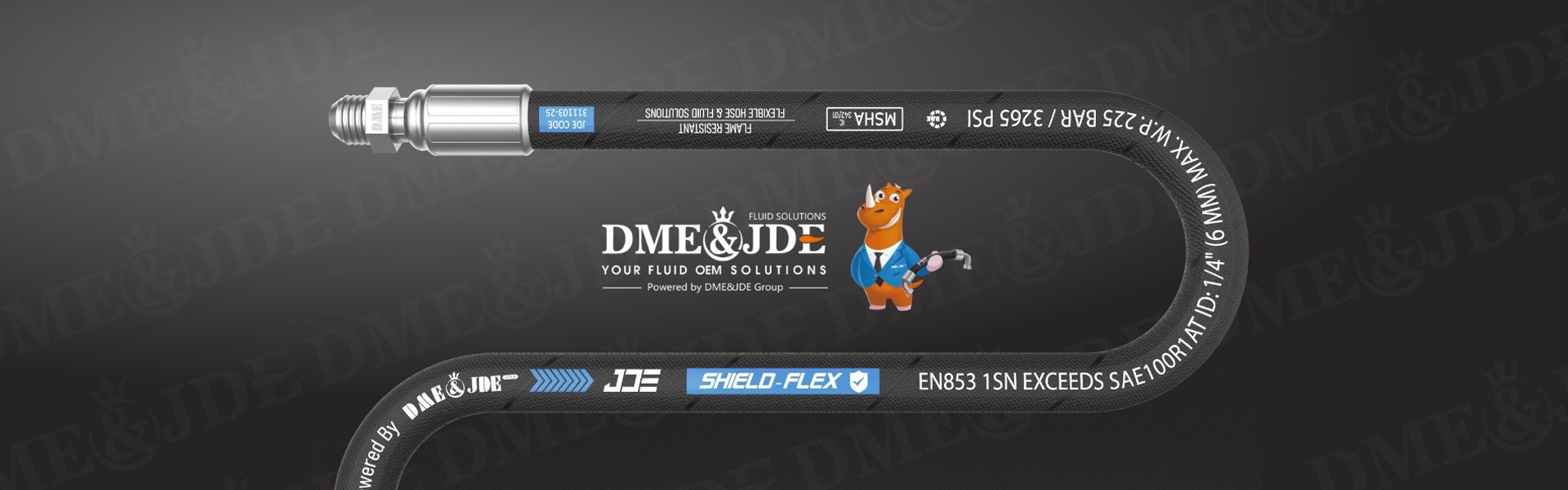 A bending hydraulic hoses shows DME&JDE logo and related hose information.