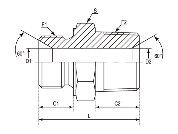 A drawing of DABPM107M-LH hydraulic adaptor.