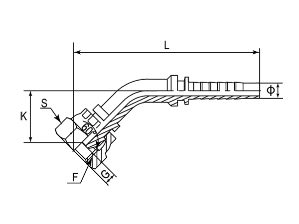 A drawing of DP4BPF 45° elbow hose fitting insert connector.