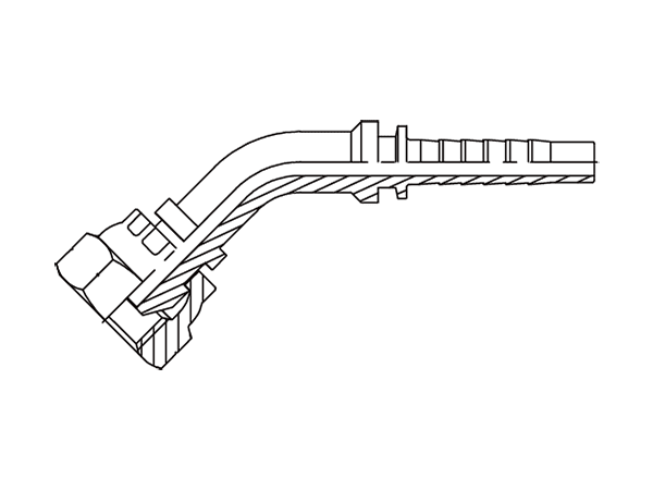 A drawing of DP4BPF 45° elbow hose fitting insert connector.