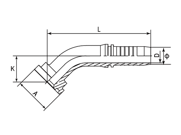 A drawing of DP4FL 45° elbow hose fitting insert connector.