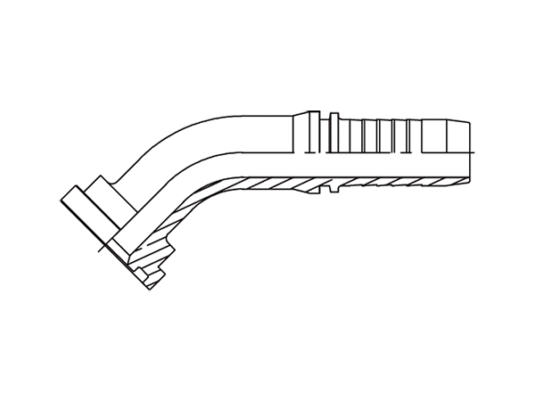 A drawing of DP4FL 45° elbow hose fitting insert connector.