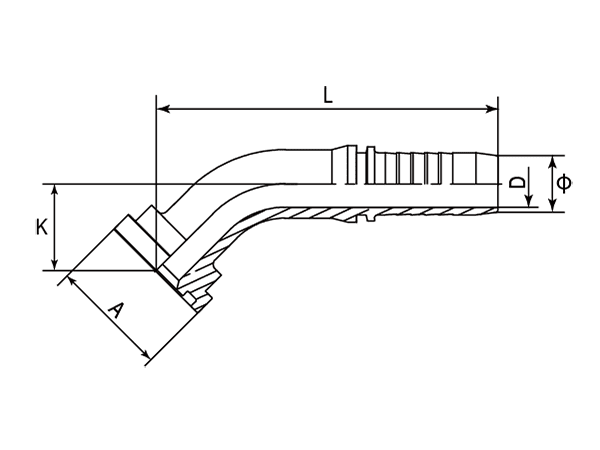 A drawing of DP4FS 45° elbow hose fitting insert connector.
