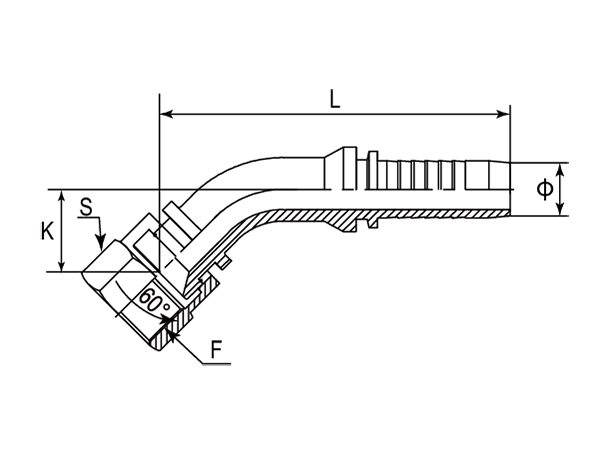 A drawing of DP4KSF 45° elbow hose fitting insert connector.