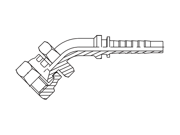 A drawing of DP4TYF 45° elbow hose fitting insert connector.