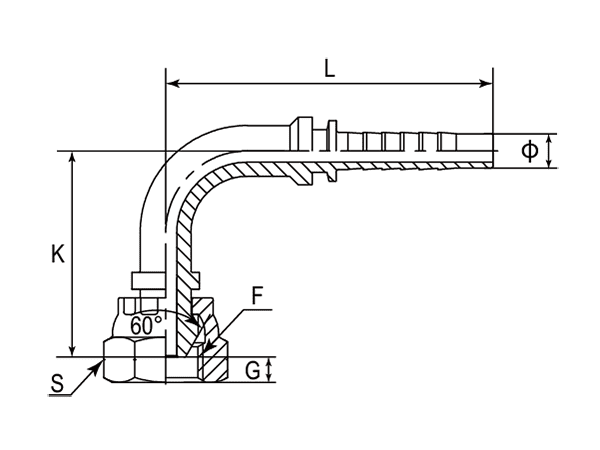 A drawing of DP9BPF 90° elbow hose fitting insert connector.
