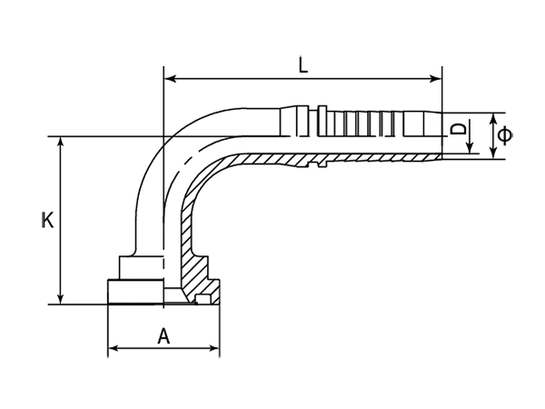 A drawing of DP9FL 90° elbow hose fitting insert connector.