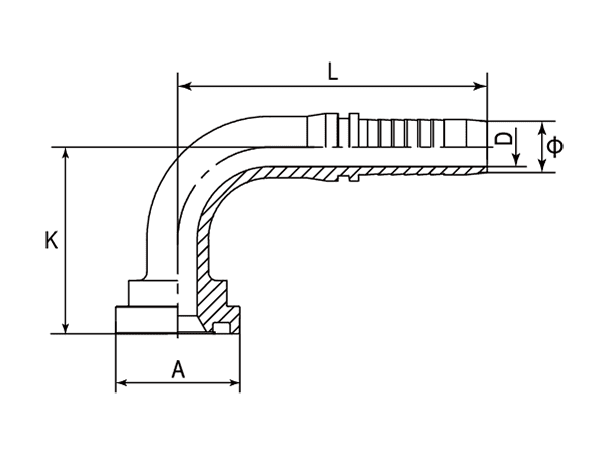 A drawing of DP9FS 90° elbow hose fitting insert connector.