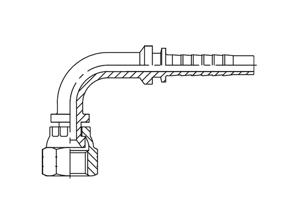 A drawing of DP9JCF 90° elbow hose fitting insert connector.