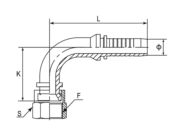 A drawing of DP9KSF 90° elbow hose fitting insert connector.