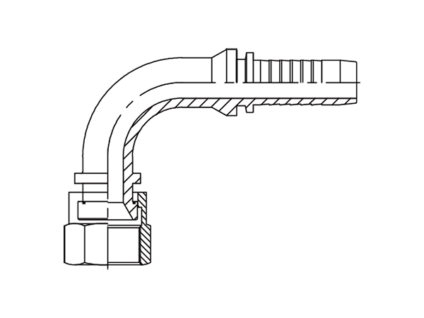 A drawing of DP9KSF 90° elbow hose fitting insert connector.
