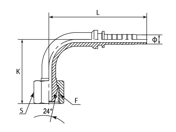A drawing of DP9MFS 90° elbow hose fitting insert connector.