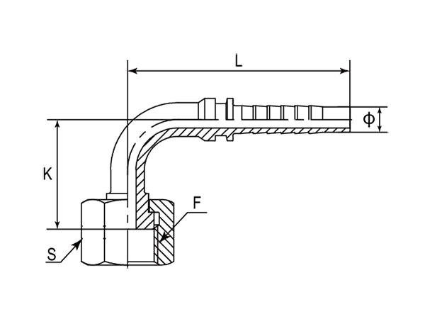 A drawing of DP9ORF 90° elbow hose fitting insert connector.