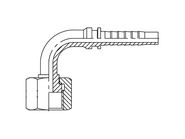 A drawing of DP9ORF 90° elbow hose fitting insert connector.
