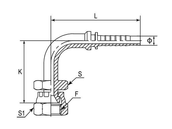 A drawing of DP9TYF 90° elbow hose fitting insert connector.