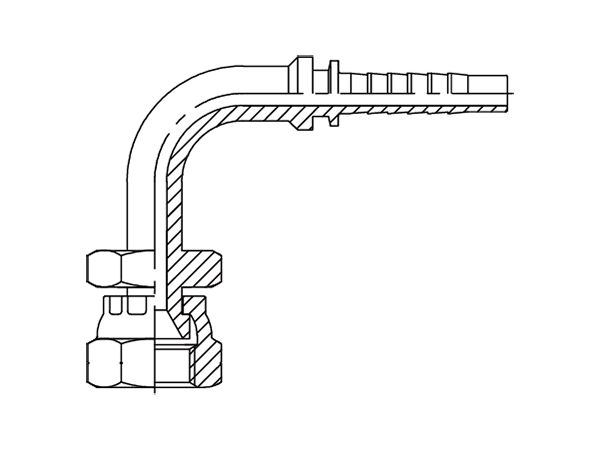 A drawing of DP9TYF 90° elbow hose fitting insert connector.