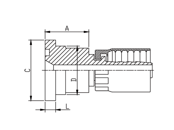 A drawing of DP1FLF one piece hose fitting of DME&JDE.
