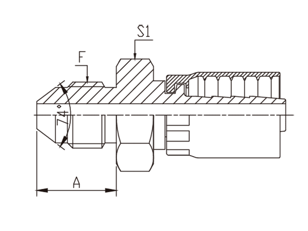 A drawing of DP1JCMF one piece hose fitting of DME&JDE.