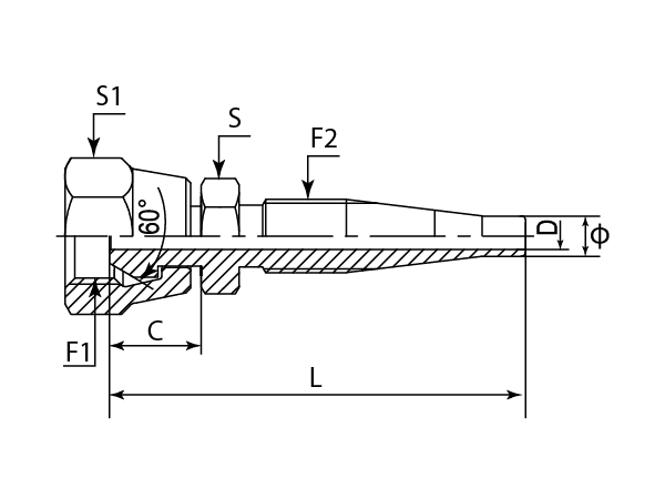 A drawing of DP1BPF-RU reusable hose fitting of DME&JDE.