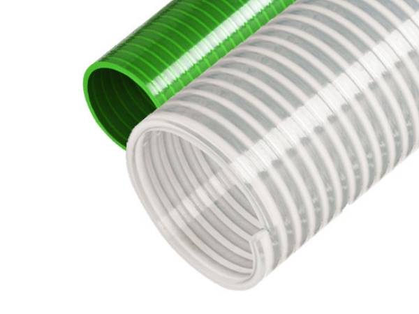 A white and a green F type PVC suction hoses on white background.