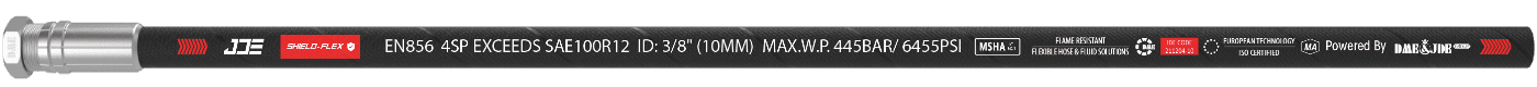 A GB/T 10544 4SP flexible hose is marked with the important information: brand, standard, sizes and part number.
