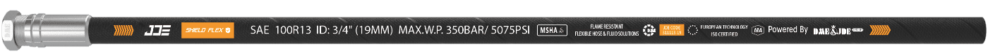 A GB/T 10544 R13 flexible hose is marked with the important information: brand, standard, sizes and part number.