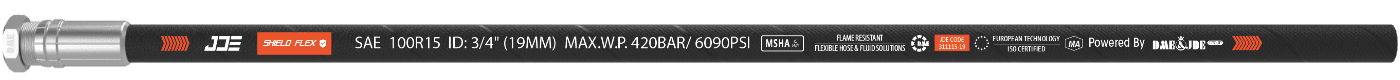 A GB/T 10544 R15 flexible hose is marked with the important information: brand, standard, sizes and part number.