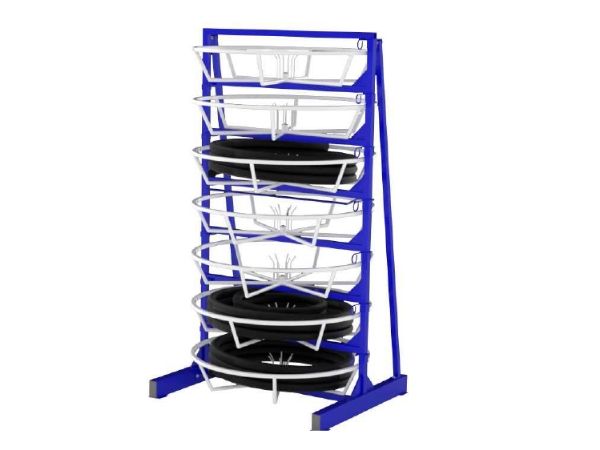 A 7-level hose storage rack is displayed.