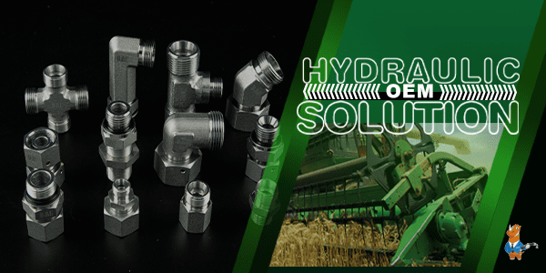 Various hydraulic hose fittings and agricultural machinery.