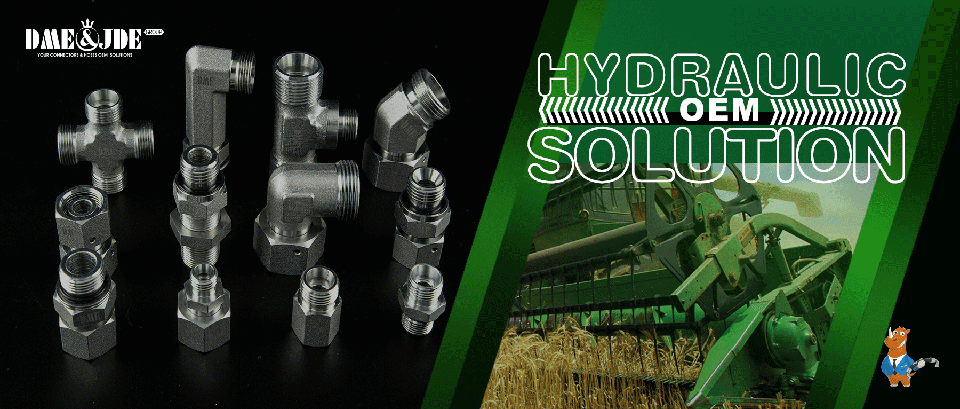 Various hydraulic hose fittings and agricultural machinery.