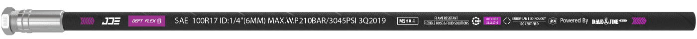A ISO 11237 R17 flexible hose is marked with the important information: brand, standard, sizes and part number.