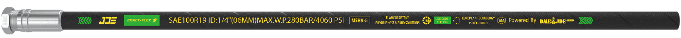 A ISO 11237 R19 flexible hose is marked with the important information: brand, standard, sizes and part number.