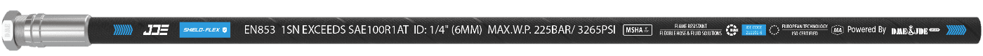 A ISO 1436 1SN flexible hose is marked with the important information: brand, standard, sizes and part number.