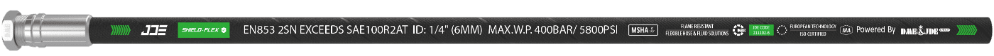 A ISO 1436 2SN flexible hose is marked with the important information: brand, standard, sizes and part number.