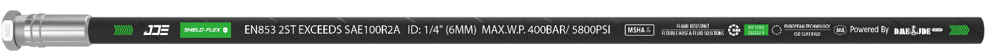 A ISO 1436 2ST flexible hose is marked with the important information: brand, standard, sizes and part number.