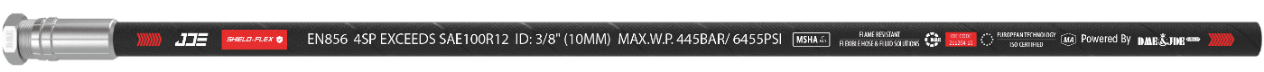 A ISO 3862 4SP flexible hose is marked with the important information: brand, standard, sizes and part number.