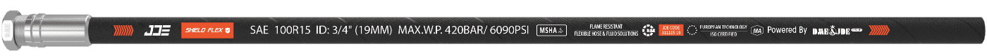 A ISO 3862 R15 flexible hose is marked with the important information: brand, standard, sizes and part number.