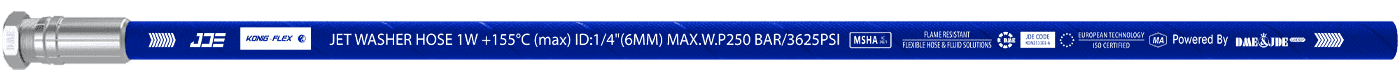A JET Washer Hose 1W – 155 °C flexible hose is marked with the important information: brand, standard, sizes and part number.