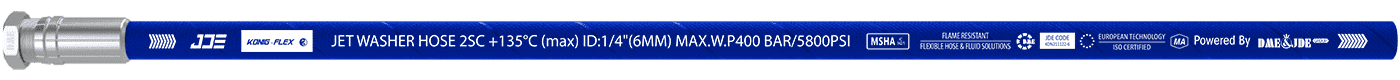 A JET Washer Hose 2SC – 135 °C flexible hose is marked with the important information: brand, standard, sizes and part number.