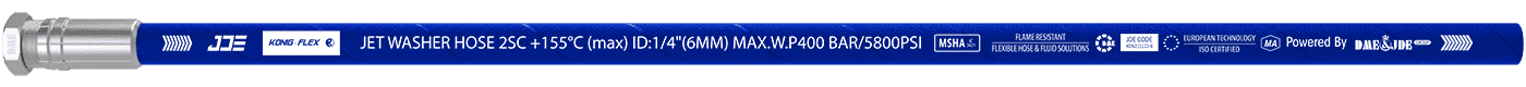 A JET Washer Hose 2SC – 155 °C flexible hose is marked with the important information: brand, standard, sizes and part number.