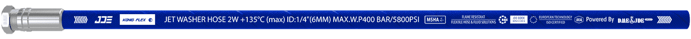 A JET Washer Hose 2W – 135 °C flexible hose is marked with the important information: brand, standard, sizes and part number.